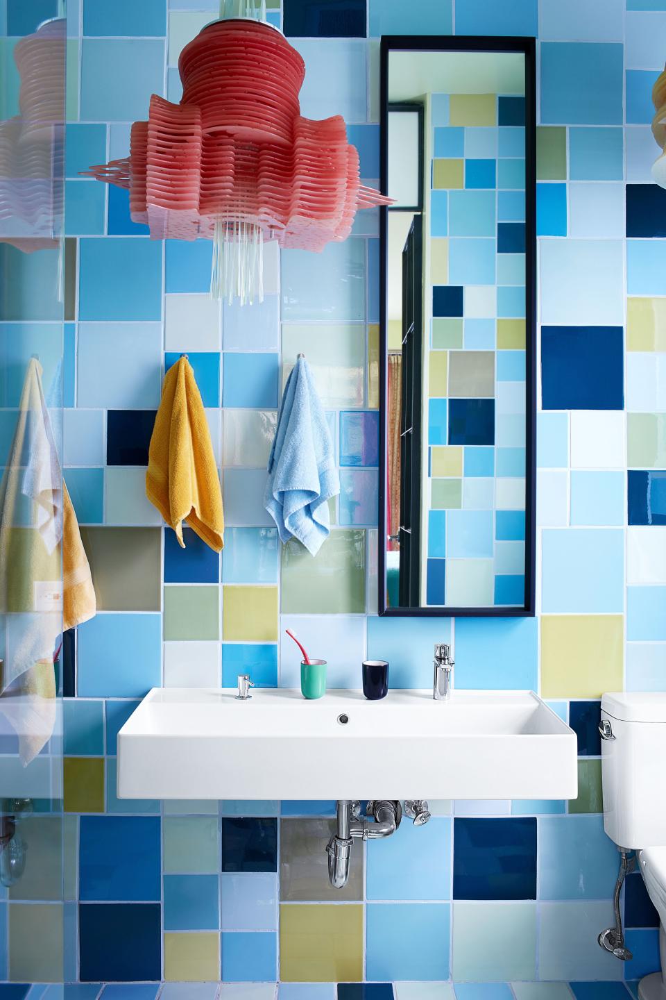 For the primary bath, as throughout the house, tiles of Pardo’s own imagination were produced at Cerámica Suro in Guadalajara, Mexico; sink by Ikea.