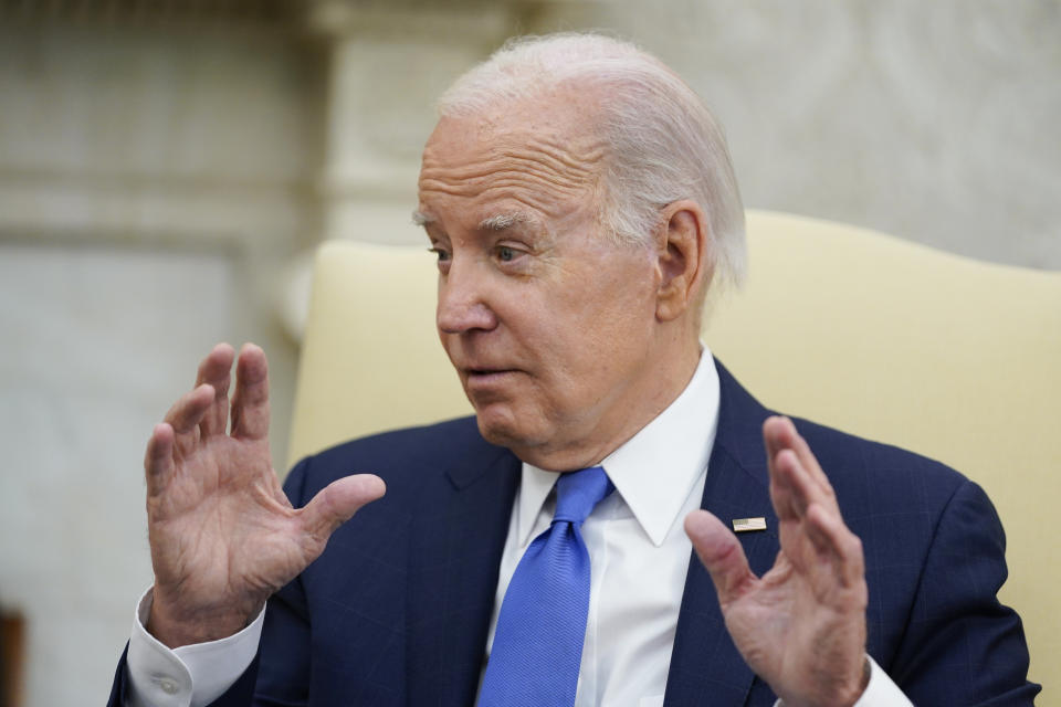 President Joe Biden speaks as he meets with Dominican Republic's President Luis Abinader in the Oval Office of the White House, Thursday, Nov. 2, 2023, in Washington. (AP Photo/Evan Vucci)