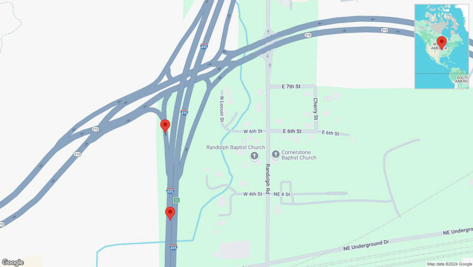 A detailed map that shows the affected road due to 'Broken down vehicle on Interstate 435 in Randolph' on September 15th at 9:01 p.m.