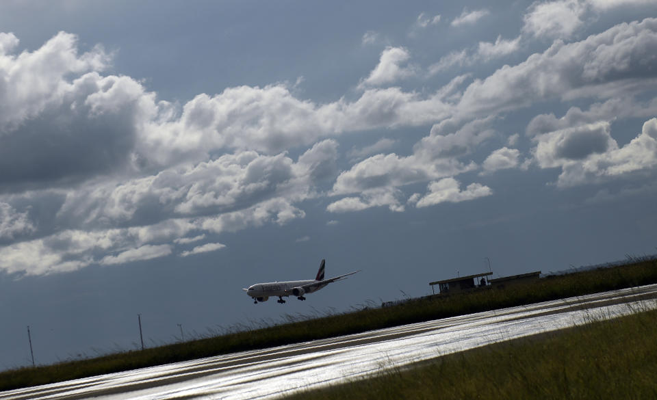 A plane carrying AstraZeneca COVID-19 vaccines arrives at the Kamuzu International Airport in Lilongwe, Malawi, Friday March 5, 2021. The country is the latest in Africa to receive vaccines in a fight against COVID-19. (AP Photo/Thoko Chikondi)