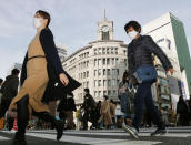 People wearing face masks cross an intersection at Ginza district in Tokyo, Japan, Sunday, Dec. 13, 2020. Japan’s daily coronavirus cases have exceeded 3,000 for the first time while the government delays stricter measures for fear of hurting the economy ahead of the holiday season. (Kyodo News via AP)