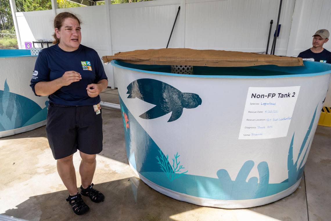 Rosemary Lucas, hospital manager at Zoo Miami, talks about the turtle hospital to guests during the show and tell part of the opening ceremonies on July 6, 2022.