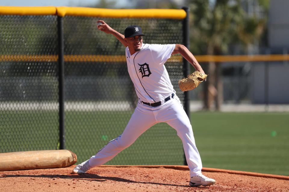 Detroit Tigers right handed pitching prospect Luis Castillo  throws during minor-league minicamp Sunday, Feb. 20, 2022, at TigerTown in Lakeland, Florida.