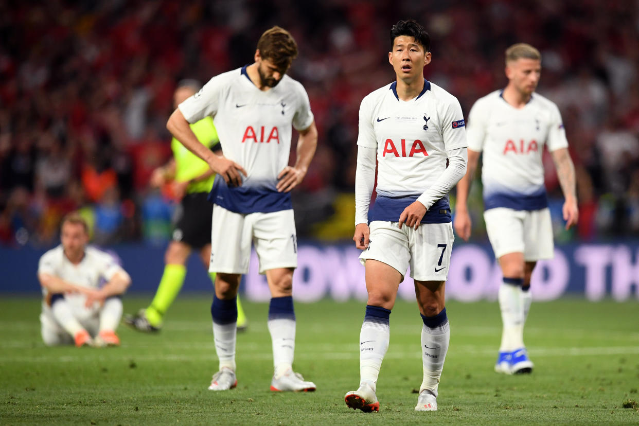 MADRID, SPAIN - JUNE 01: Heung-Min Son of Tottenham Hotspur looks dejected following the UEFA Champions League Final between Tottenham Hotspur and Liverpool at Estadio Wanda Metropolitano on June 01, 2019 in Madrid, Spain. (Photo by Matthias Hangst/Getty Images)