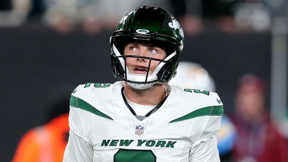 Nov 6, 2023; East Rutherford, New Jersey, USA; New York Jets quarterback Zach Wilson (2) reacts during the fourth quarter against the Los Angeles Chargers at MetLife Stadium. Mandatory Credit: Brad Penner-USA TODAY Sports