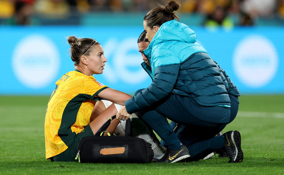 Steph Catley, pictured here during a break in play in the Matildas' clash with Denmark at the Women's World Cup.