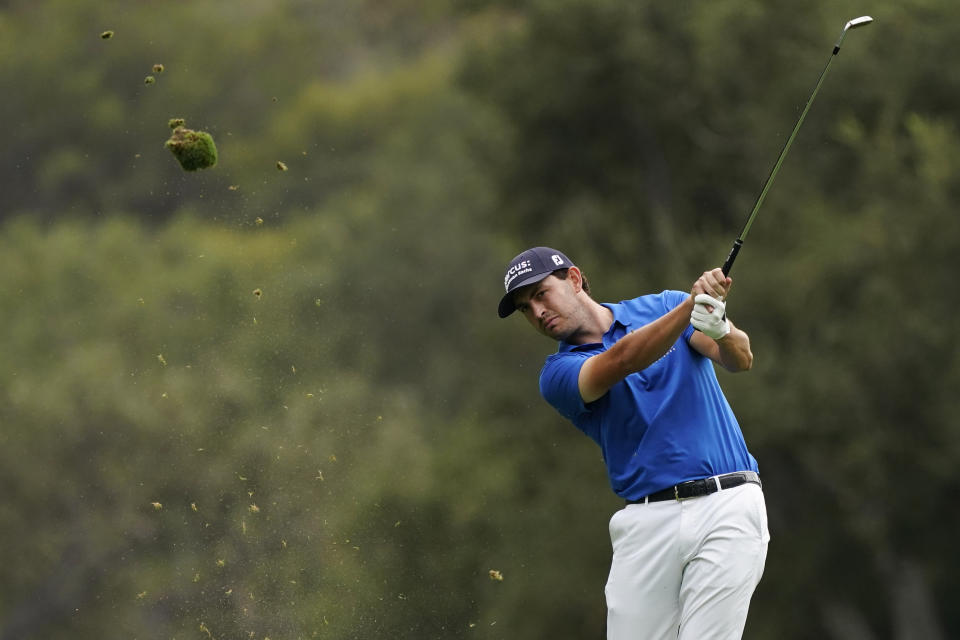 Patrick Cantlay hits from the 18th fairway during the second round of the Zozo Championship golf tournament Friday, Oct. 23, 2020, in Thousand Oaks, Calif. (AP Photo/Marcio Jose Sanchez)