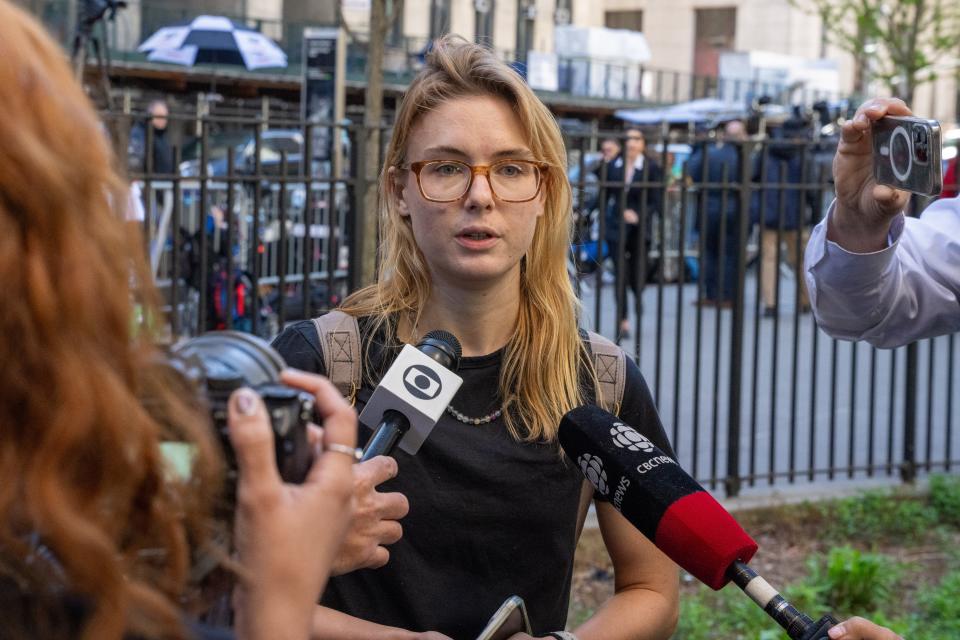 Kara McGee an excused juror from the Trump hush money trial speaks to the media on April 16, 2024 in New York City. Trump faces 34 felony counts of falsifying business records in the first of his criminal cases to go to trial. This is the first-ever criminal trial against a former president of the United States.