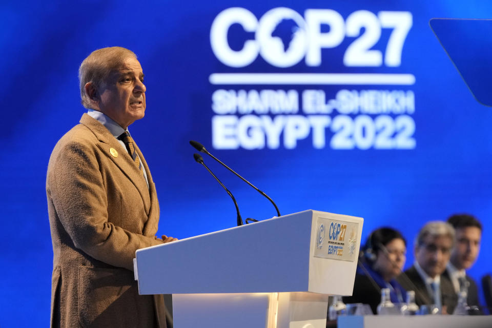 Muhammad Shehbaz Sharif, prime minister of Pakistan, speaks at the COP27 U.N. Climate Summit, Tuesday, Nov. 8, 2022, in Sharm el-Sheikh, Egypt. (AP Photo/Peter Dejong)