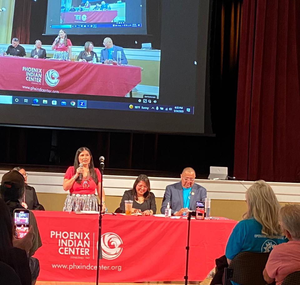 Navajo Nation Attorney General Ethel Branch speaks to the audience at the Memorial Hall at Steele Indian School Park during the Operation Rainbow Bridge initiative on May 24, 2023, to help displaced Navajos, and other tribal members from other tribal communities, who are victims of fraudulent rehab centers.