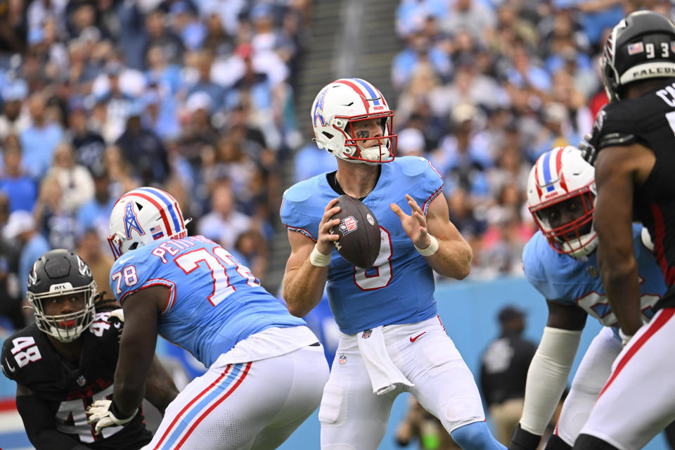 Tennessee Titans quarterback Will Levis (8) throws from the pocket against the Atlanta Falcons during the first half of an NFL football game, Sunday, Oct. 29, 2023, in Nashville, Tenn. (AP Photo/John Amis)