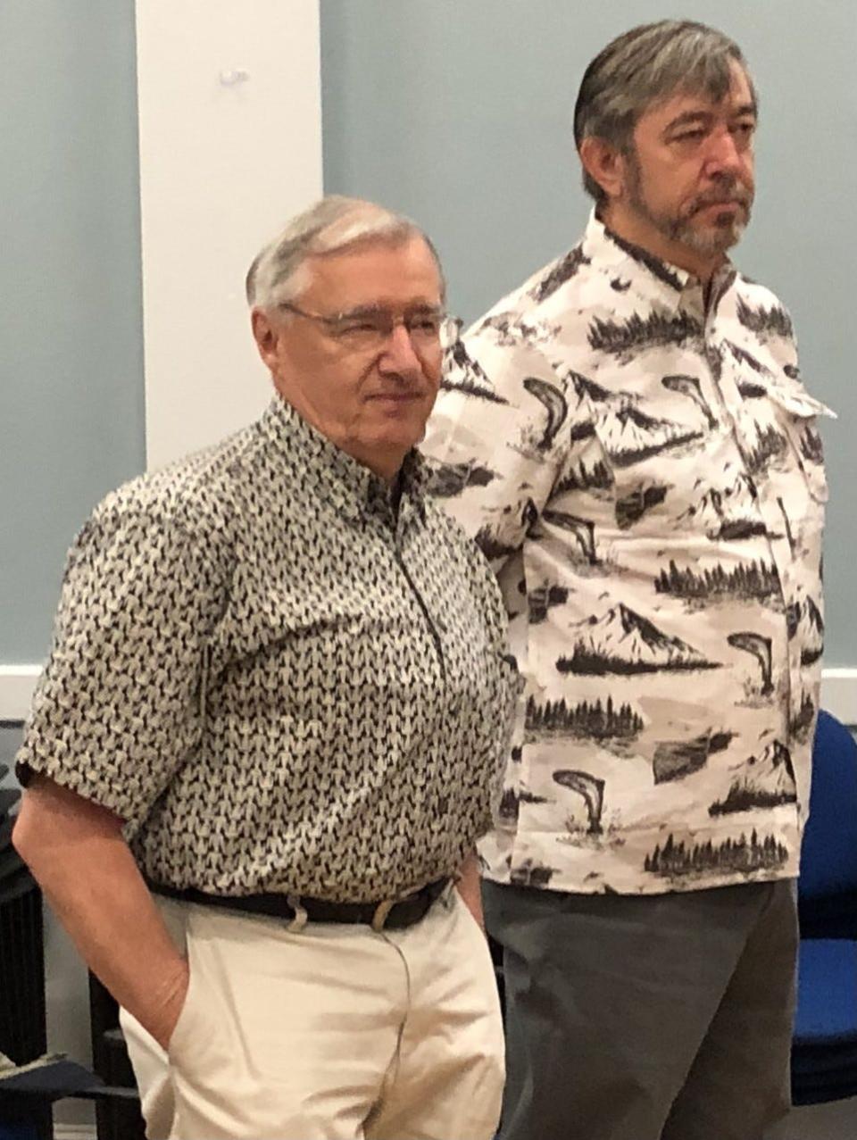 Kevin Neely, left, and David Murphy, of the local Knights of Columbus, were instrumental in working with Mary Gannaway to help renovate a Sanford, Maine man's home in the summer of 2021. Here, they are seen at the Sanford-Springvale Rotary Club's meeting at the Nasson Little Theatre on June 9, 2022.