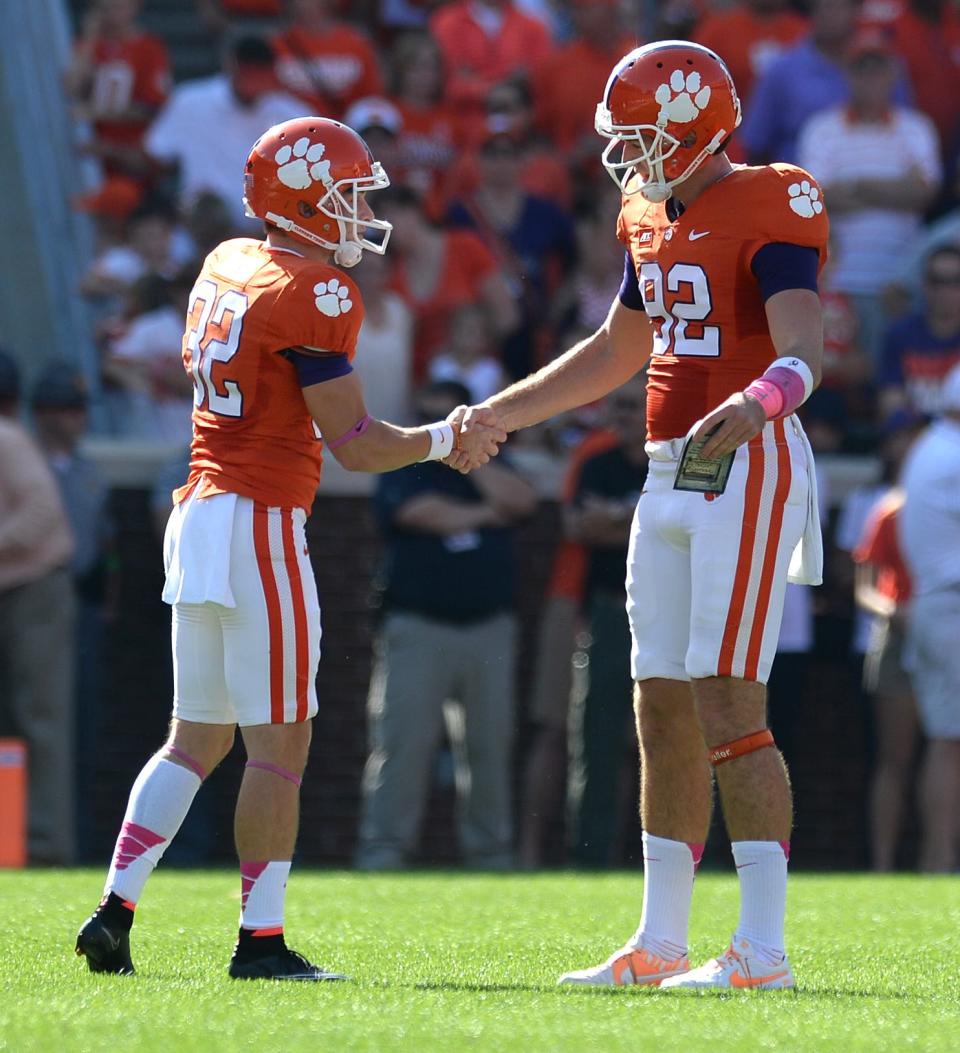 Clemson kicker Corbin Jenkins (32), left, and punter Bradley Pinion (92) during the 1st quarter Saturday, October 11, 2014 at Clemson's Memorial Stadium. 