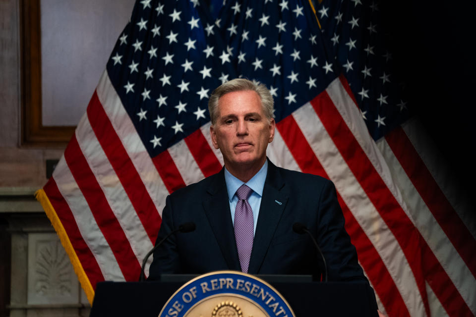 Representative Kevin McCarthy stands at a podium.