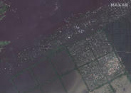 This image provided by Maxar Technologies, shows Krinky, Ukraine after flooding, on June 7, 2023. (Satellite image ©2023 Maxar Technologies via AP)