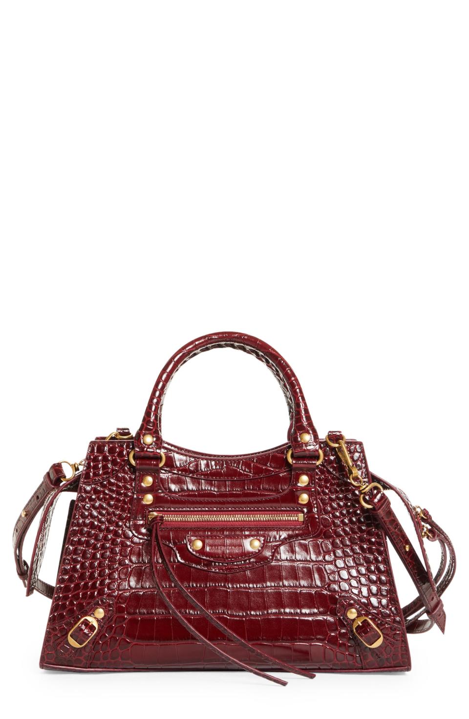 Croc Embossed Leather Top Handle Bag