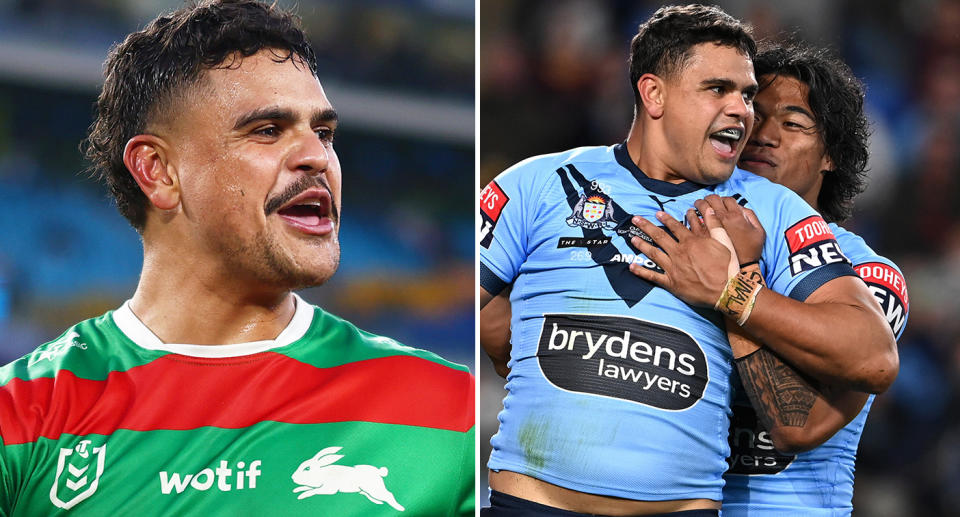 Pictured right is Latrell Mitchell with the Rabbitohs and with the NSW Blues in State of Origin on right.