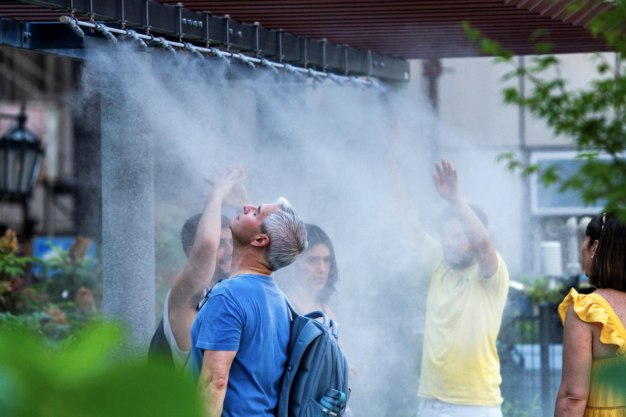 Tourists cool down by standing under a mist shower in central Tokyo.