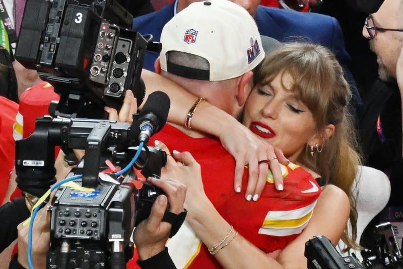 Taylor Swift (R) and Travis Kelce embrace at Super Bowl LVIII in February. File Photo by Jon SooHoo/UPI