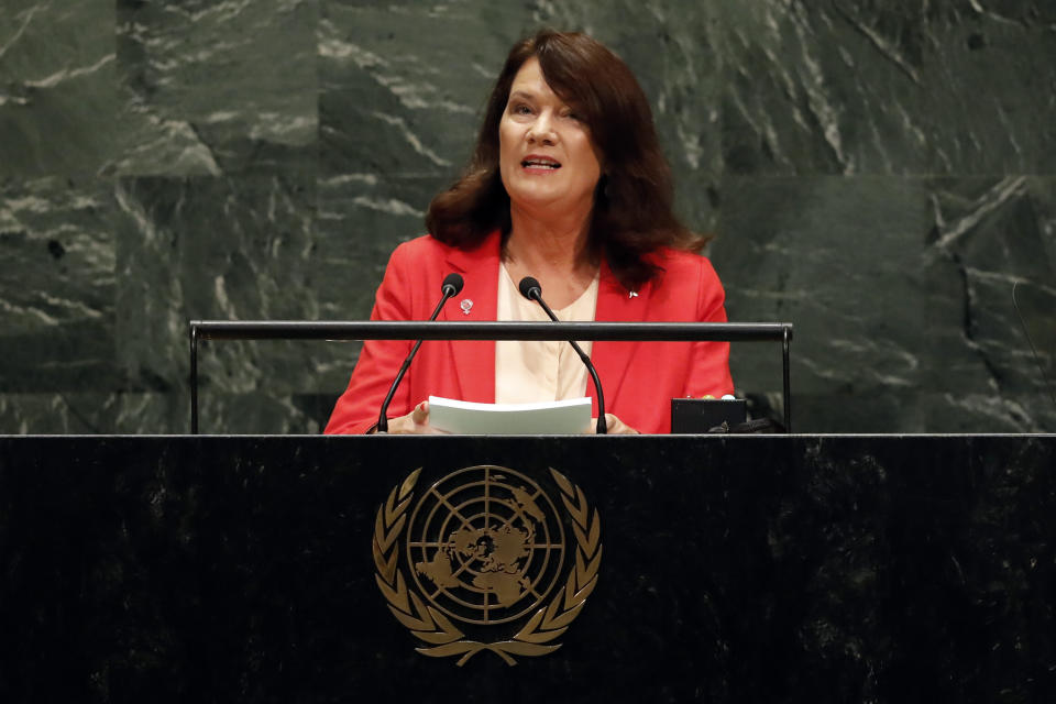 Sweden's Foreign Minister Ann Christin Linde addresses the 74th session of the United Nations General Assembly, Saturday, Sept. 28, 2019. (AP Photo/Richard Drew)