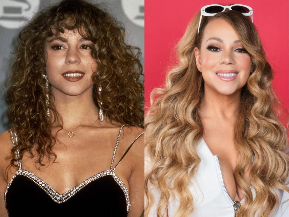 On the left, Mariah Carey smiling in 1991. On the right, Carey smiling in 2023.