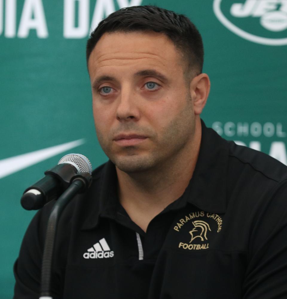 East Rutherford, NJ August 8, 2023 -- Paramus Catholic coach Greg Russo at the high school football Super Football Conference Media Day at MetLife Stadium.