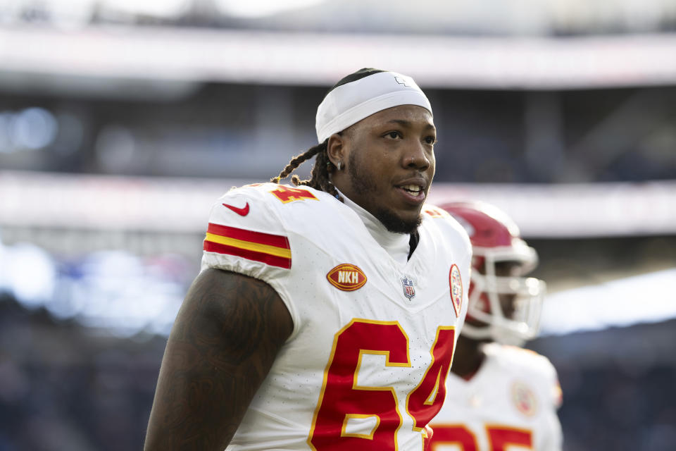 Kansas City Chiefs offensive tackle Wanya Morris (64) jogs back to the locker room before an NFL football game against the Los Angeles Chargers, Sunday, Jan. 7, 2024, in Inglewood, Calif. (AP Photo/Kyusung Gong) 