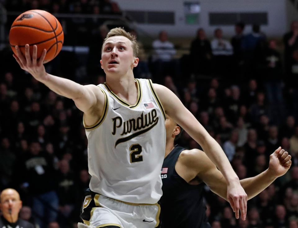 Purdue Boilermakers guard Fletcher Loyer (2) shoots the ball during the NCAA men’s basketball game against the Michigan State Spartans, Saturday, March 2, 2024, at Mackey Arena in West Lafayette, Ind. Purdue Boilermakers 80-74.