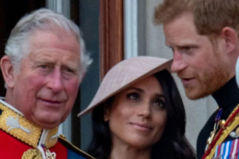 LONDON, ENGLAND - JUNE 09:  Prince Charles, Prince of Wales with Prince Harry, Duke of Sussex and Meghan, Duchess of Sussex during Trooping The Colour 2018 on June 9, 2018 in London, England. (Photo by Mark Cuthbert/UK Press via Getty Images)