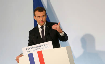 French President Emmanuel Macron speaks during a news conference in Tunis, Tunisia February 1, 2018. REUTERS/Zoubeir Souissi