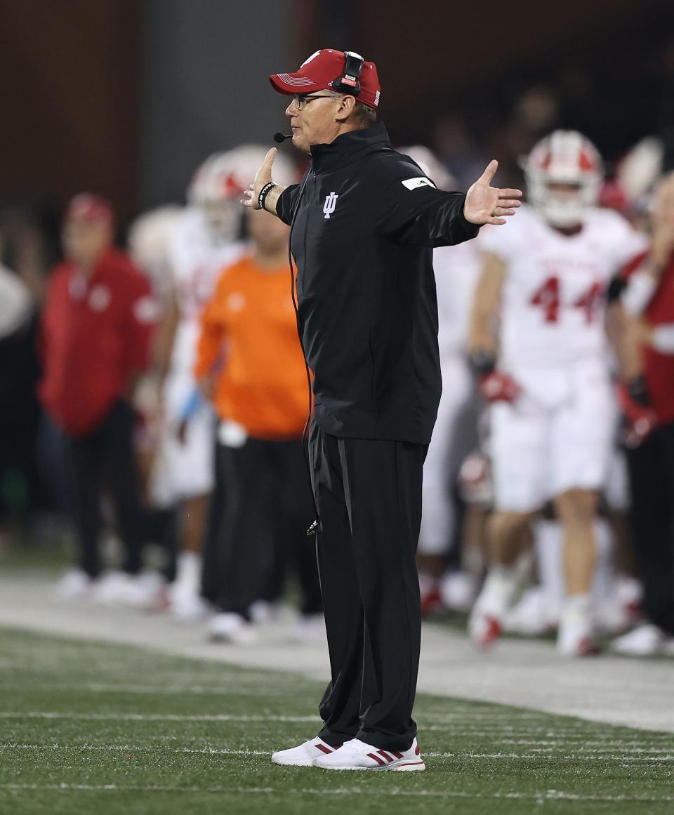 BOWLING GREEN, KENTUCKY - SEPTEMBER 25: Tom Allen the head coach of the Indiana Hoosiers during the game against the Western Kentucky Hilltoppers at Houchens Industries-L.T. Smith Stadium on September 25, 2021 in Bowling Green, Kentucky. (Photo by Andy Lyons/Getty Images)