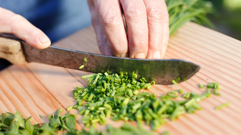 Person chopping fresh chives