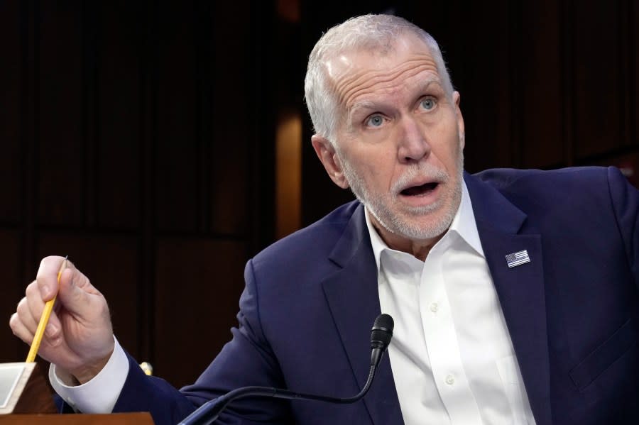 FILE - U.S. Sen. Thom Tillis, R-N.C., speaks during a Senate Judiciary Committee business meeting on Feb. 16, 2023, on Capitol Hill in Washington. On Saturday, June 10, 2023, Republican delegates in North Carolina voted at their annual convention to censure Tillis for supporting policies that they said violate key tenets of the GOP platform. (AP Photo/Mariam Zuhaib, File)