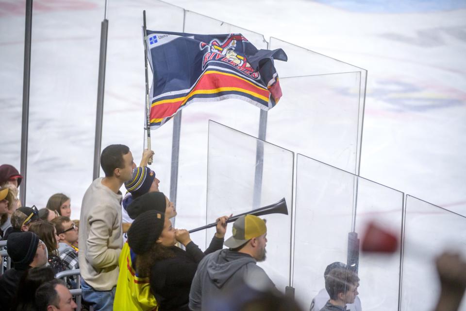 Rivermen fans fly flags, blow on vuvuzelas and ring cowbells as they battle Evansville in the second period Friday, Dec. 30, 2022 at Carver Arena. The Rivermen defeated the Thunderbolts 5-1. 