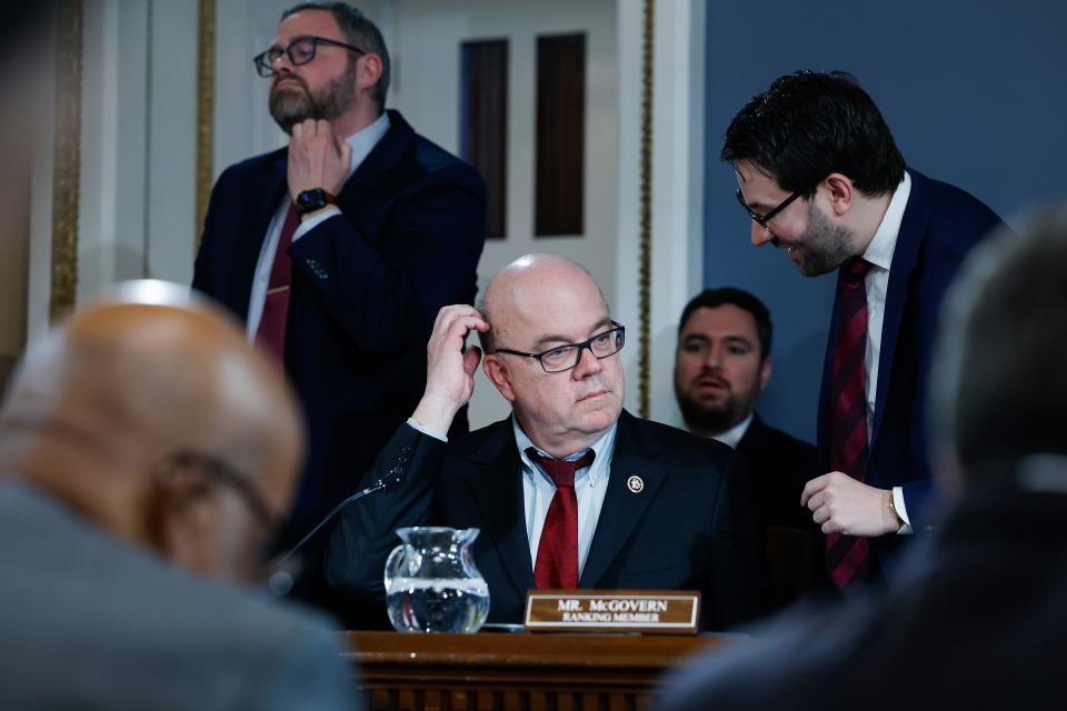 Ranking member Jim McGovern, D-Mass., on the House Rules Committee speaks with staff during a hearing at the U.S. Capitol Building on February 05, 2024 in Washington, DC.