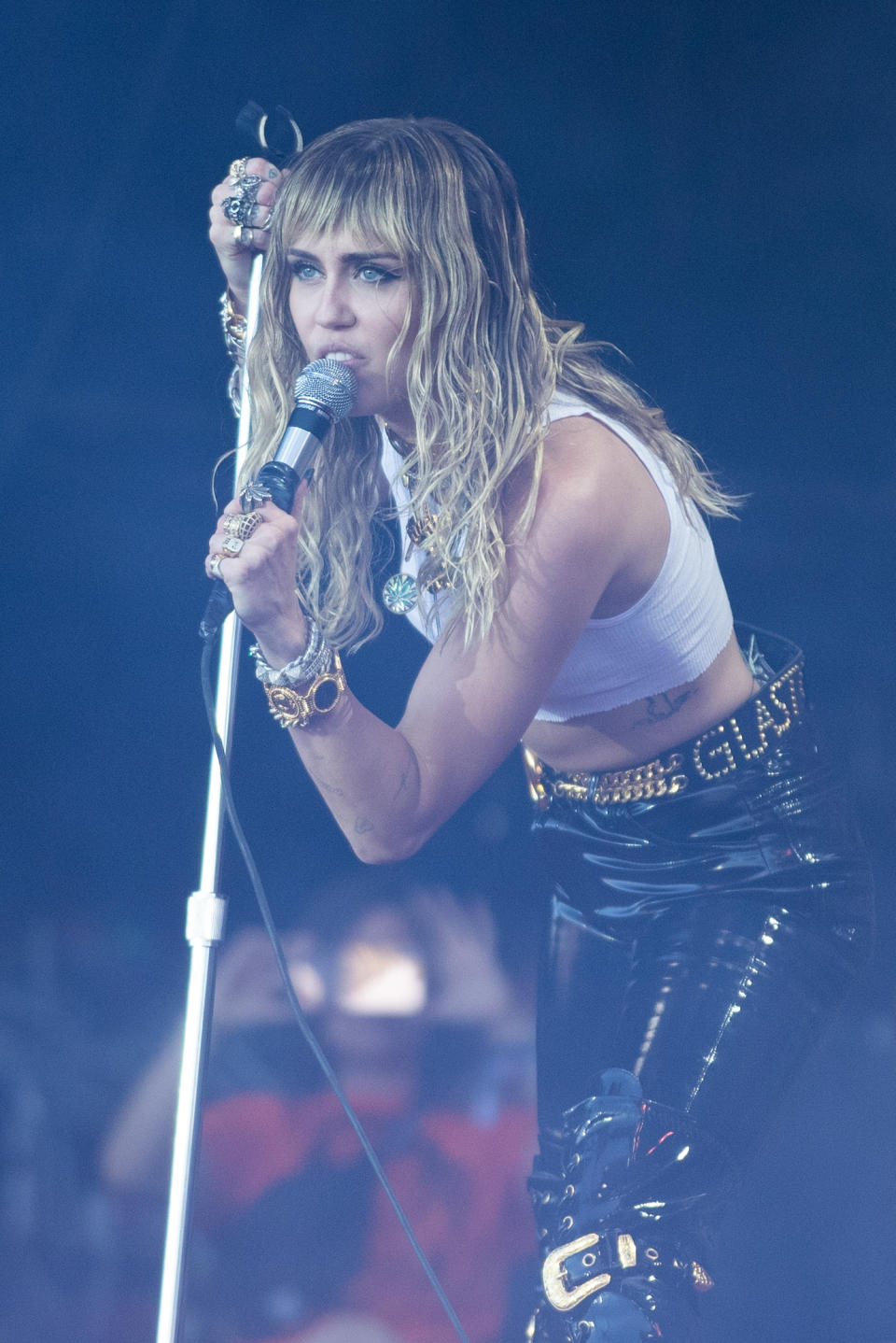 Miley Cyrus performing on the fifth day of the Glastonbury Festival at Worthy Farm in Somerset.