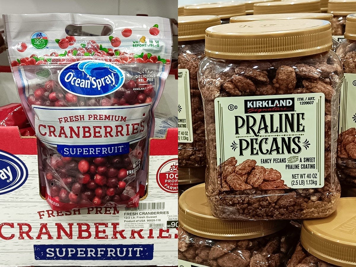On the left, blue, white, and red boxes of bags of ocean spray cranberries at costco. On the right, clear and gold containers of praline pecans stocked at Costco.