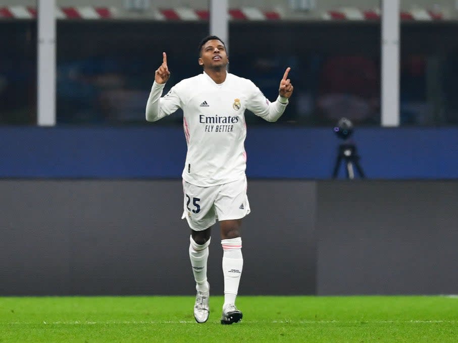 <p>Substitute Rodrygo celebrates scoring shortly after coming off the bench</p>Getty Images