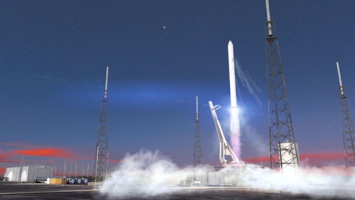  An illustration of Relativity Space's Terran 1 rocket launching into space. 