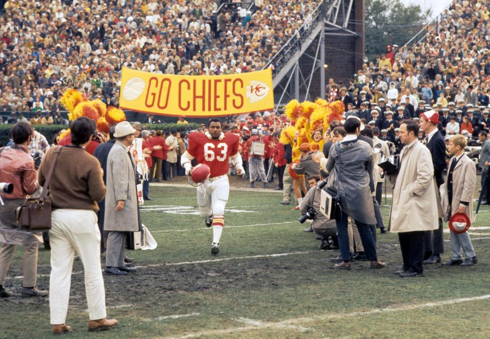 Kansas City Chiefs linebacker Willie Lanier (63) runs onto the field prior to Super Bowl IV against the Minnesota Vikings at Tulane Stadium, Jan. 11, 1970, in New Orelans. The Chiefs won 23-7. (Malcolm Emmons-USA TODAY Sports)