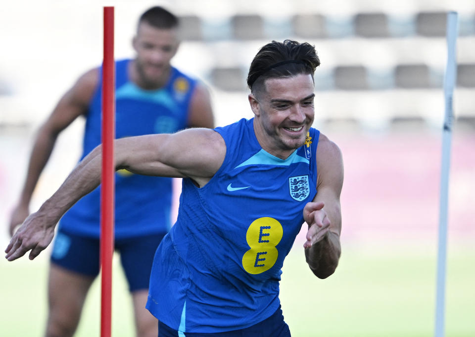 England's forward Jack Grealish takes part in a training session at Al Wakrah SC Stadium in Al Wakrah, south of Doha on November 22, 2022, during the Qatar 2022 World Cup football tournament. (Photo by Paul ELLIS / AFP) (Photo by PAUL ELLIS/AFP via Getty Images)