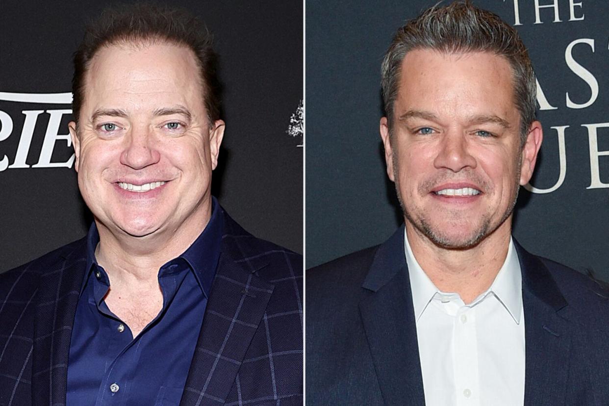 Brendan Fraser attends Variety, The New York Party; Matt Damon, left, and wife Luciana Barroso attend the premiere of "The Last Duel"