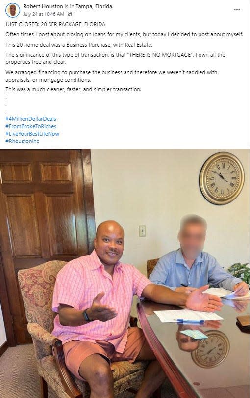 Robert Houston, left, bragged on Facebook about a "20 SFR (single-family residential) Package" deal three days before the first mortgage on Glenco's properties was taken out. Houston has since been sued by the owners of Glenco Properties Group, accusing him of fraud. The person on the right is unidentified and has been blurred. 