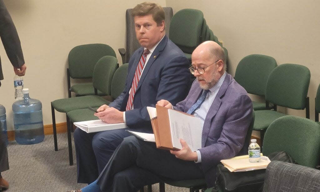 House Speaker Dean Plocher sits with his attorney, Lowell Pearson, during a March 12, 2024, hearing of the Missouri House Ethics Committee.