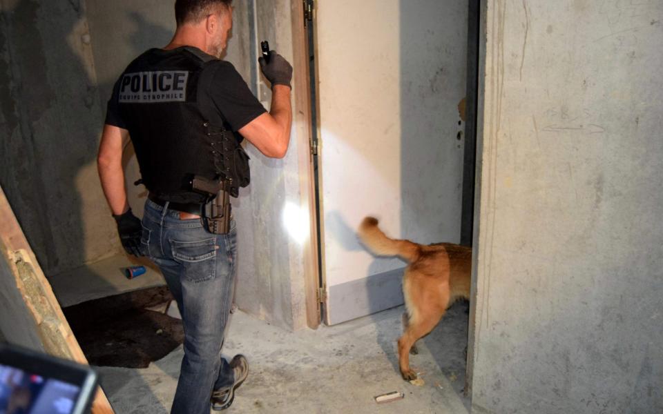 A French police officer enters a room with a police dog as they search for weapons after a weekend of unrest blamed on Chechens seeking vengeance