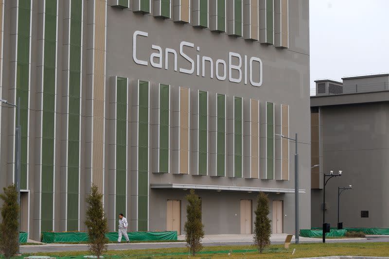 Chinese vaccine maker CanSino Biologics' sign is pictured on its building in Tianjin, China