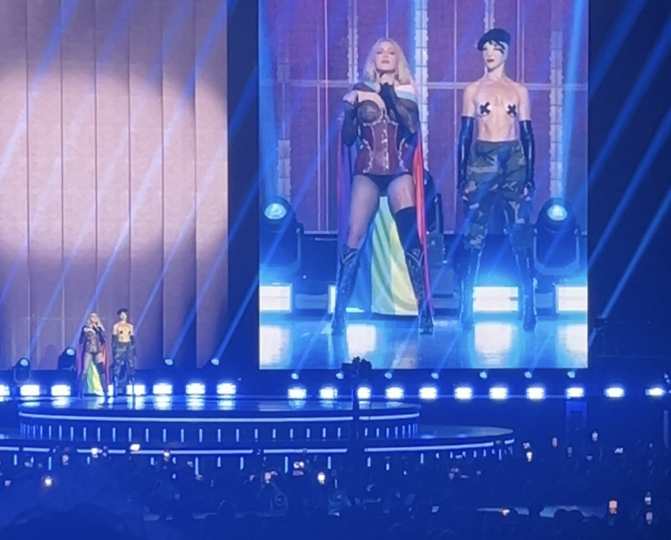 Madonna wearing the Pride Progress flag at her show in Antwerp (image: Markus Bidaux)