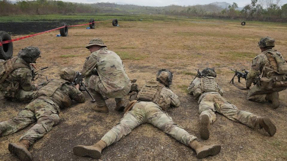 U.S. soldiers practice during a military exercise at Fort Magsaysay in Nueva Ecija province, northern Philippines, on April 13, 2023. (Aaron Favila/AP)