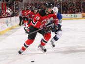 NEWARK, NJ - FEBRUARY 09: Steve Bernier #18 of the New Jersey Devils skates after the puck against the St Louis Blues at Prudential Center on February 9, 2012 in Newark, New Jersey. (Photo by Nick Laham/Getty Images)