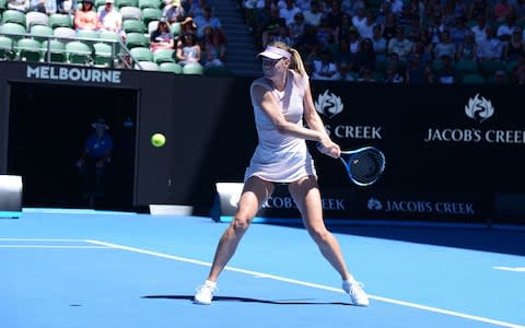 Maria Sharapova of Russia in action against Anastasija Sevastova (not seen) of Latvia during Women's single match of 2018 Australian Open at Melbourne Park Tennis Centre in Melbourne, Australia on January 18, 2018 - Credit: Getty Images